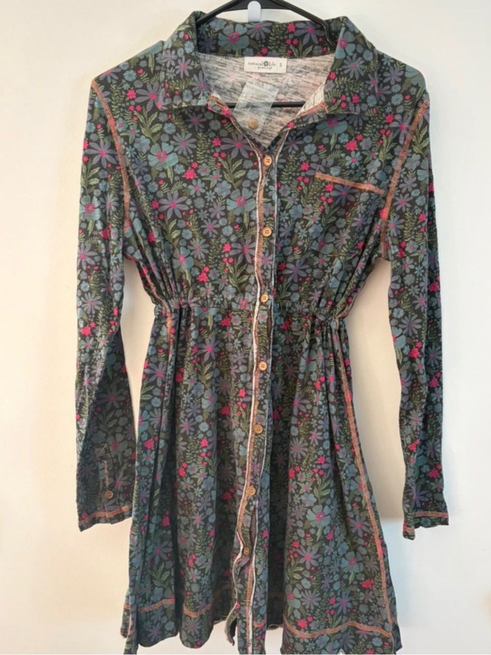 Floral Button-Front Shirt Dress - Green with Pink & Purple Floral